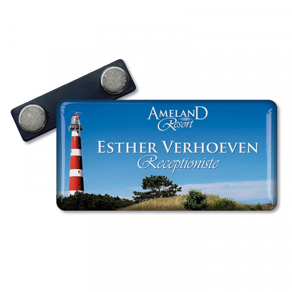 Rechthoekige Naambadge 80 x 40 mm met dominglabel en magneetsluiting